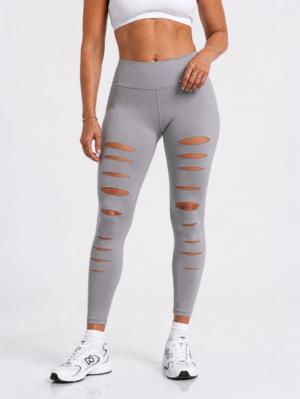 Alo Yoga High Waist Ripped Warrior Leggings Alloy Gray XS Cutout Athleisure